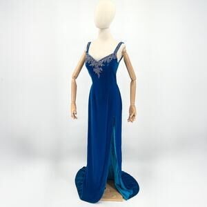 Vintage 50s Jovani Blue Velvet Rhinestone Beaded Evening Gown Dress